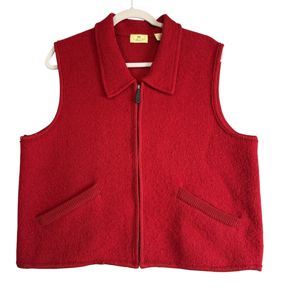 Limited America Sweater Vest Womens‎ Large Red Wool Full Zip Pockets Collared